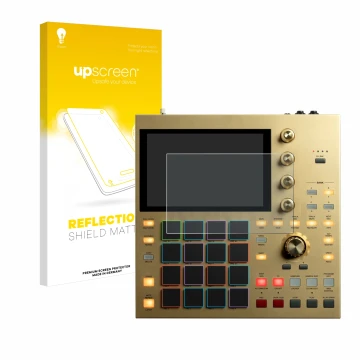 Parte frontal de un envase de producto con el logotipo de la marca upscreen. Al lado se muestra el dispositivo Akai MPC One co