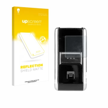 Parte frontal de un envase de producto con el logotipo de la marca upscreen. Al lado se muestra el dispositivo Opticon OPN-200