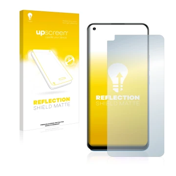 Parte frontal de un envase de producto con el logotipo de la marca upscreen. Al lado se muestra el dispositivo realme 8 Pro co