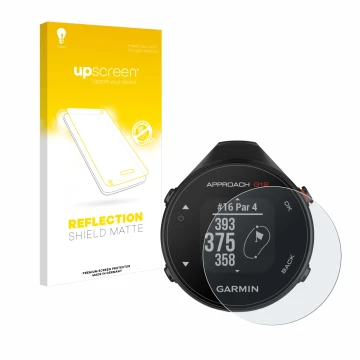 Parte frontal de un envase de producto con el logotipo de la marca upscreen. Al lado se muestra el dispositivo Garmin Approach