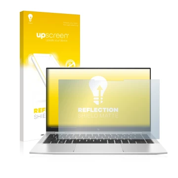 Parte frontal de un envase de producto con el logotipo de la marca upscreen. Al lado se muestra el dispositivo HP Elitebook x3