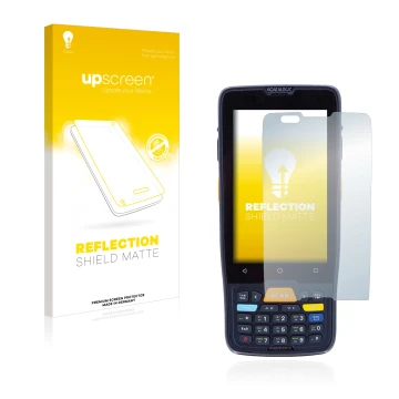 Parte frontal de un envase de producto con el logotipo de la marca upscreen. Al lado se muestra el dispositivo Datalogic Memor