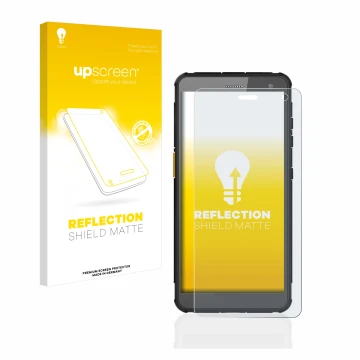 Parte frontal de un envase de producto con el logotipo de la marca upscreen. Al lado se muestra el dispositivo i.safe MOBILE I