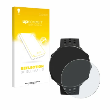 Parte frontal de un envase de producto con el logotipo de la marca upscreen. Al lado se muestra el dispositivo Polar Vantage M