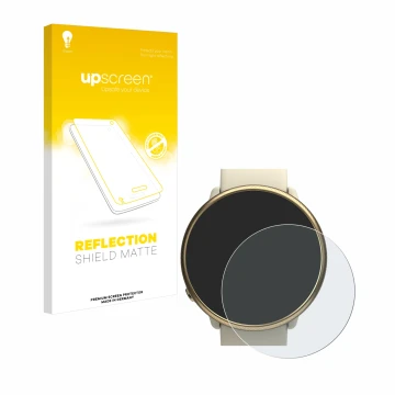 Parte frontal de un envase de producto con el logotipo de la marca upscreen. Al lado se muestra el dispositivo Polar Ignite 2 