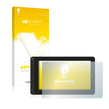 Parte frontal de un envase de producto con el logotipo de la marca upscreen. Al lado se muestra el dispositivo Huion Kamvas 13