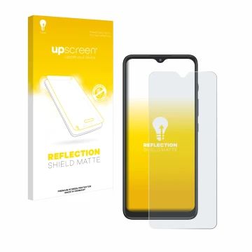 Parte frontal de un envase de producto con el logotipo de la marca upscreen. Al lado se muestra el dispositivo Motorola Moto G