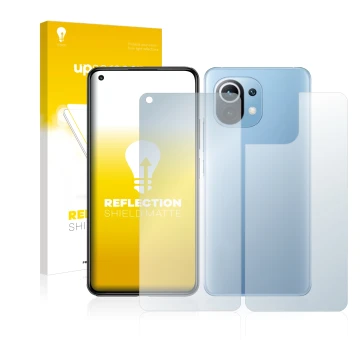 Parte frontal de un envase de producto con el logotipo de la marca upscreen. Al lado se muestra el dispositivo Xiaomi Mi 11 Li