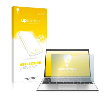 Parte frontal de un envase de producto con el logotipo de la marca upscreen. Al lado se muestra el dispositivo HP Elite x2 G8 