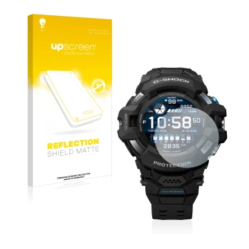 Parte frontal de un envase de producto con el logotipo de la marca upscreen. Al lado se muestra el dispositivo Casio G-Shock G