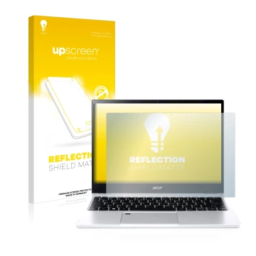 Parte frontal de un envase de producto con el logotipo de la marca upscreen. Al lado se muestra el dispositivo Acer Spin 3 SP3