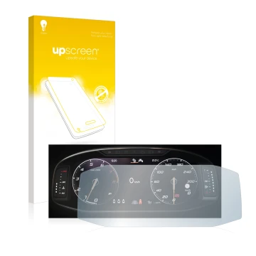Parte frontal de un envase de producto con el logotipo de la marca upscreen. Al lado se muestra el dispositivo Seat Ateca Face