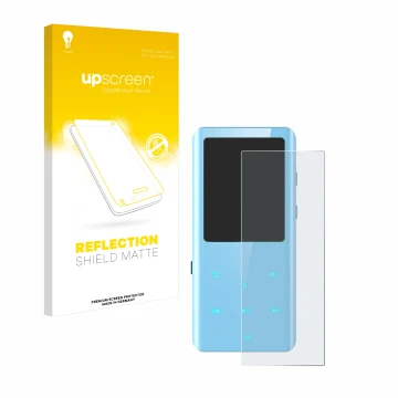 Parte frontal de un envase de producto con el logotipo de la marca upscreen. Al lado se muestra el dispositivo AGPtek A19X con