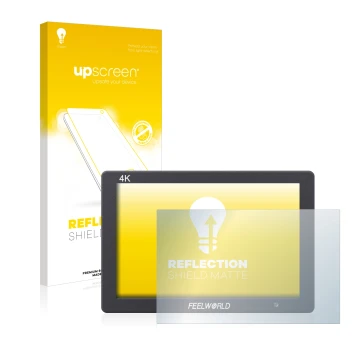 Parte frontal de un envase de producto con el logotipo de la marca upscreen. Al lado se muestra el dispositivo Feelworld FW279