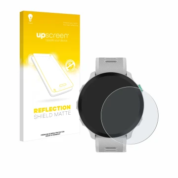 Parte frontal de un envase de producto con el logotipo de la marca upscreen. Al lado se muestra el dispositivo Garmin Forerunn