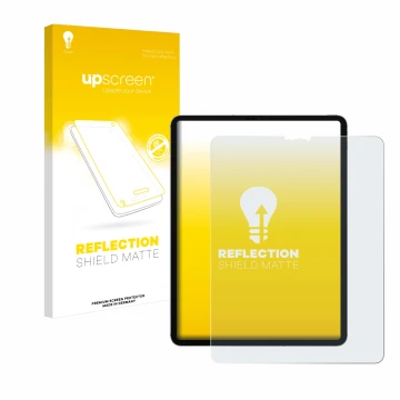 Parte frontal de un envase de producto con el logotipo de la marca upscreen. Al lado se muestra el dispositivo Apple iPad Pro 