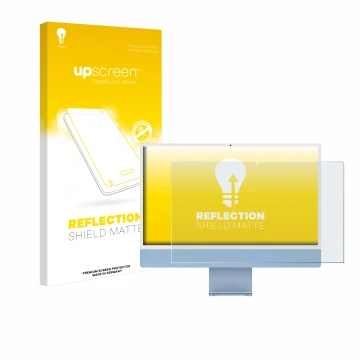 Parte frontal de un envase de producto con el logotipo de la marca upscreen. Al lado se muestra el dispositivo Apple iMac 24