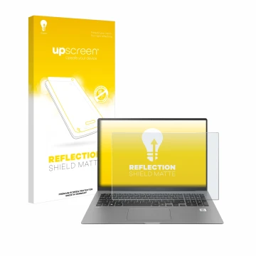 Parte frontal de un envase de producto con el logotipo de la marca upscreen. Al lado se muestra el dispositivo LG gram 17'' 20