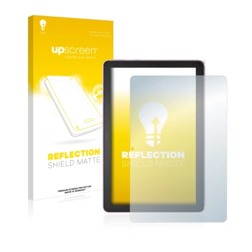 Parte frontal de un envase de producto con el logotipo de la marca upscreen. Al lado se muestra el dispositivo Amazon Fire HD 