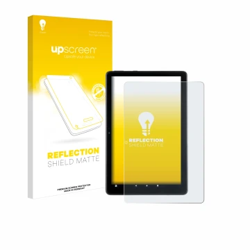 Parte frontal de un envase de producto con el logotipo de la marca upscreen. Al lado se muestra el dispositivo Amazon Fire HD 