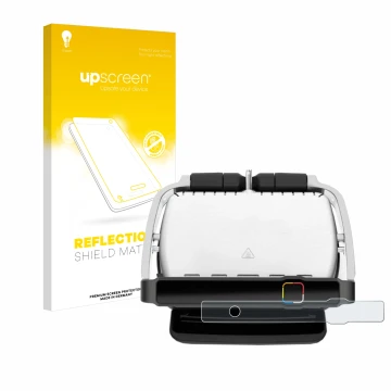 Parte frontal de un envase de producto con el logotipo de la marca upscreen. Al lado se muestra el dispositivo Tefal OptiGrill