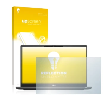 Parte frontal de un envase de producto con el logotipo de la marca upscreen. Al lado se muestra el dispositivo Dell Latitude 7