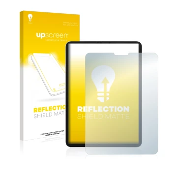 Parte frontal de un envase de producto con el logotipo de la marca upscreen. Al lado se muestra el dispositivo Apple iPad Pro 