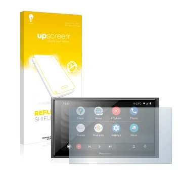 Parte frontal de un envase de producto con el logotipo de la marca upscreen. Al lado se muestra el dispositivo Pioneer SPH-EVO