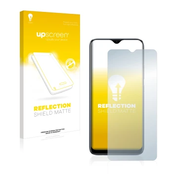 Parte frontal de un envase de producto con el logotipo de la marca upscreen. Al lado se muestra el dispositivo realme C11 2021