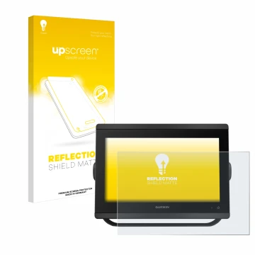 Parte frontal de un envase de producto con el logotipo de la marca upscreen. Al lado se muestra el dispositivo Garmin GPSMAP 8