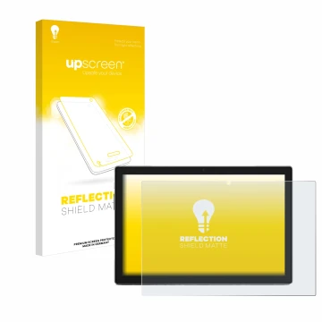 Parte frontal de un envase de producto con el logotipo de la marca upscreen. Al lado se muestra el dispositivo Blackview Tab 9