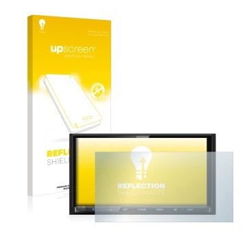 Parte frontal de un envase de producto con el logotipo de la marca upscreen. Al lado se muestra el dispositivo Kenwood DMX 802