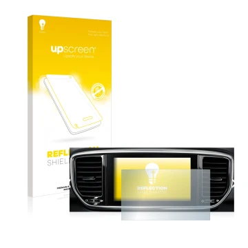 Parte frontal de un envase de producto con el logotipo de la marca upscreen. Al lado se muestra el dispositivo Kia Sportage QL