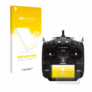 Parte frontal de un envase de producto con el logotipo de la marca upscreen. Al lado se muestra el dispositivo Robbe Futaba T1