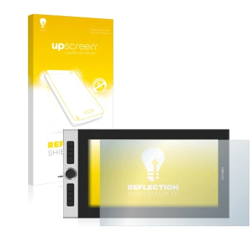 Parte frontal de un envase de producto con el logotipo de la marca upscreen. Al lado se muestra el dispositivo XP-Pen Innovato