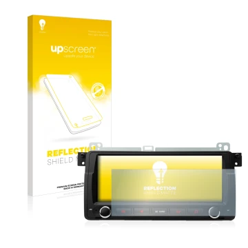 Parte frontal de un envase de producto con el logotipo de la marca upscreen. Al lado se muestra el dispositivo Xtrons PQ8046BL