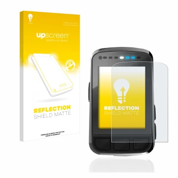 Parte frontal de un envase de producto con el logotipo de la marca upscreen. Al lado se muestra el dispositivo Wahoo Elemnt Bo