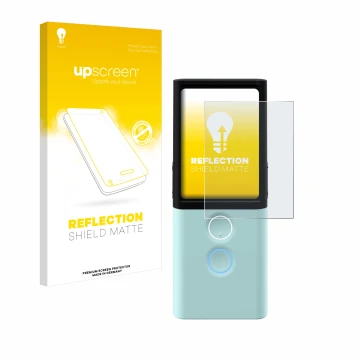 Parte frontal de un envase de producto con el logotipo de la marca upscreen. Al lado se muestra el dispositivo Vasco Translato