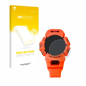 Parte frontal de un envase de producto con el logotipo de la marca upscreen. Al lado se muestra el dispositivo Casio G-Shock G