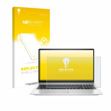 Parte frontal de un envase de producto con el logotipo de la marca upscreen. Al lado se muestra el dispositivo HP ProBook 450 