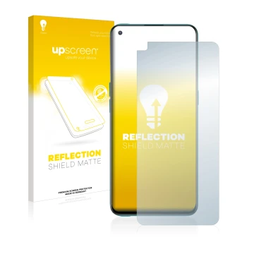 Parte frontal de un envase de producto con el logotipo de la marca upscreen. Al lado se muestra el dispositivo OnePlus Nord CE