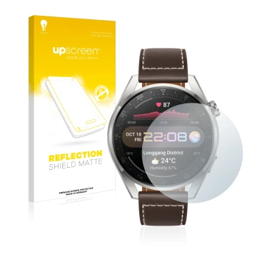 Parte frontal de un envase de producto con el logotipo de la marca upscreen. Al lado se muestra el dispositivo Huawei Watch 3 