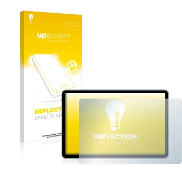 Parte frontal de un envase de producto con el logotipo de la marca upscreen. Al lado se muestra el dispositivo Huawei MatePad 