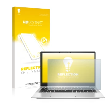 Parte frontal de un envase de producto con el logotipo de la marca upscreen. Al lado se muestra el dispositivo HP EliteBook 84