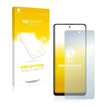 Parte frontal de un envase de producto con el logotipo de la marca upscreen. Al lado se muestra el dispositivo Infinix Note 10