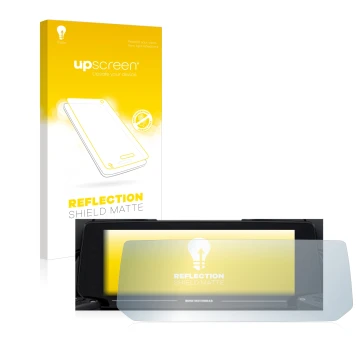 Parte frontal de un envase de producto con el logotipo de la marca upscreen. Al lado se muestra el dispositivo BMW R 1250 RT 2