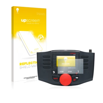 Parte frontal de un envase de producto con el logotipo de la marca upscreen. Al lado se muestra el dispositivo Märklin Mobile 