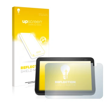 Parte frontal de un envase de producto con el logotipo de la marca upscreen. Al lado se muestra el dispositivo Amazon Echo Sho