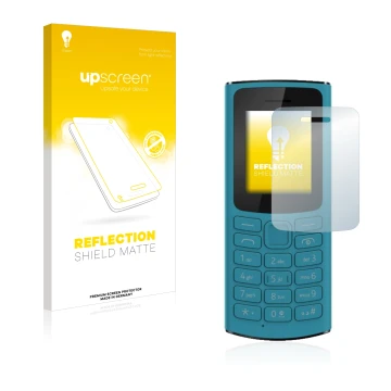 Parte frontal de un envase de producto con el logotipo de la marca upscreen. Al lado se muestra el dispositivo Nokia 105 4G 20