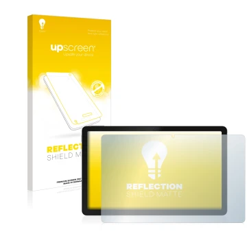 Parte frontal de un envase de producto con el logotipo de la marca upscreen. Al lado se muestra el dispositivo realme Pad con 